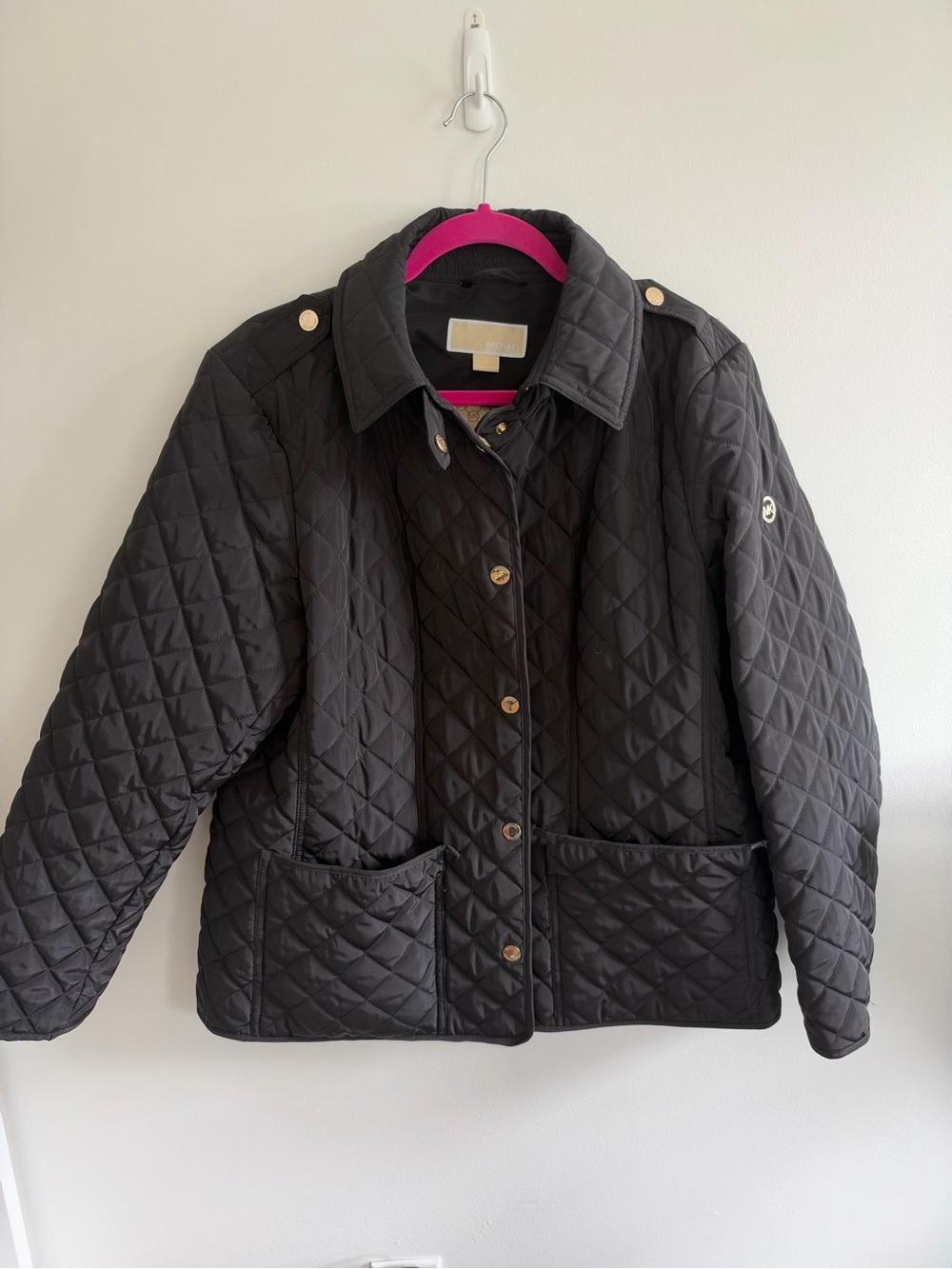 Michael Kors Women's Quilted Black Puffer Jacket with Gold Snap Details